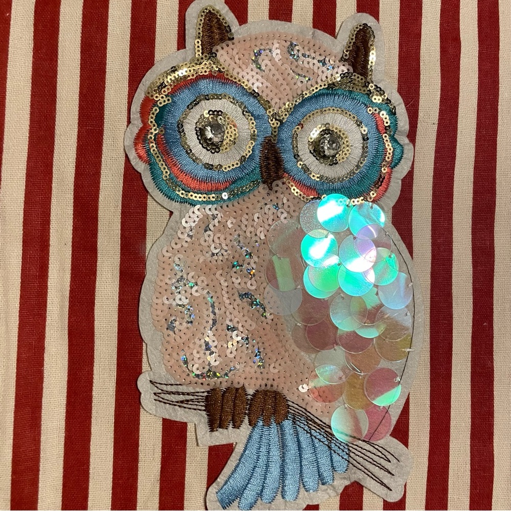 Sequin embroidered owl tote bag